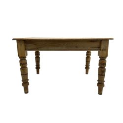 Late 19th century traditional pine kitchen table, fitted with single drawer, raised on turned tapering supports