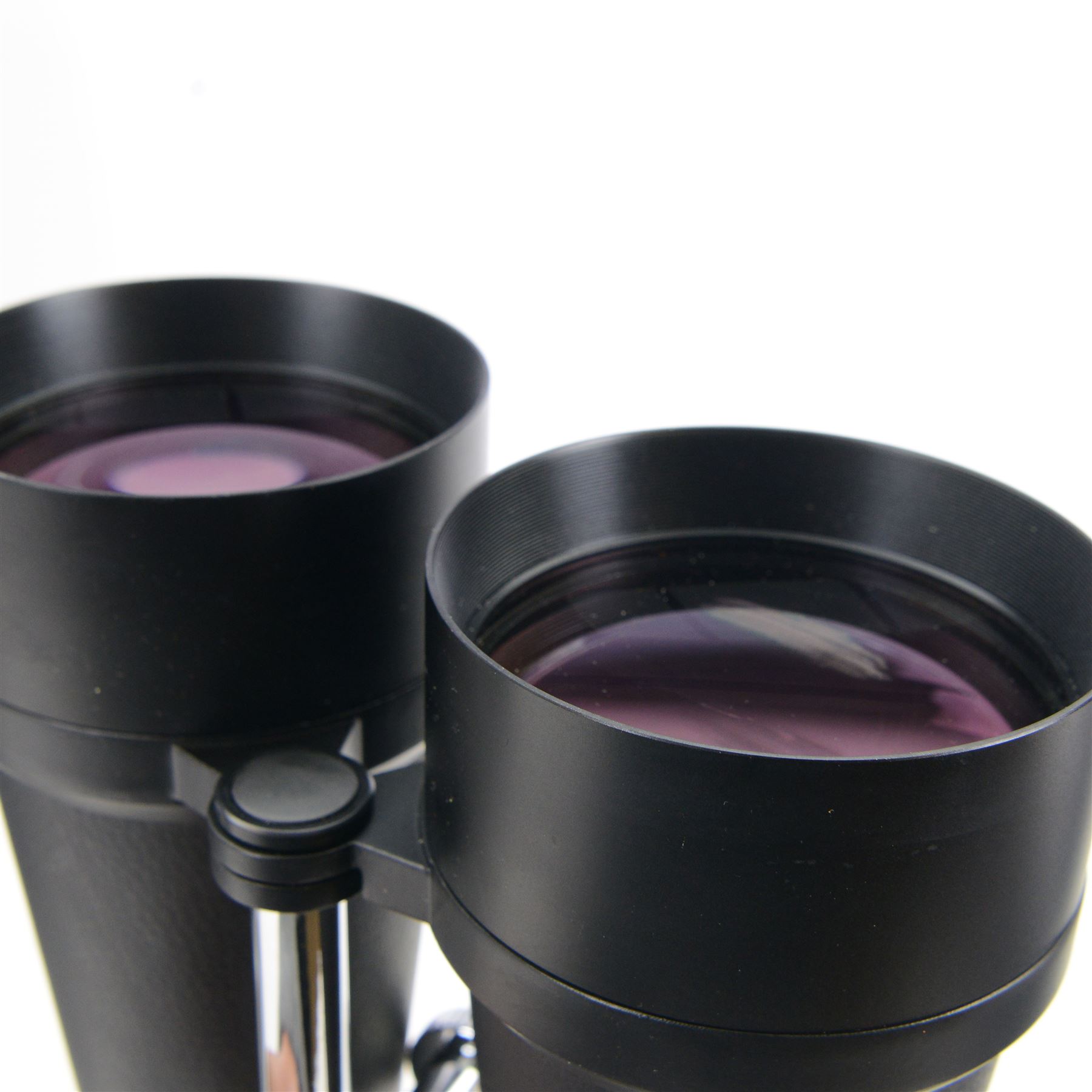 Helios 25 x 100 waterproof binoculars, with lens caps and strap, contained within flight case