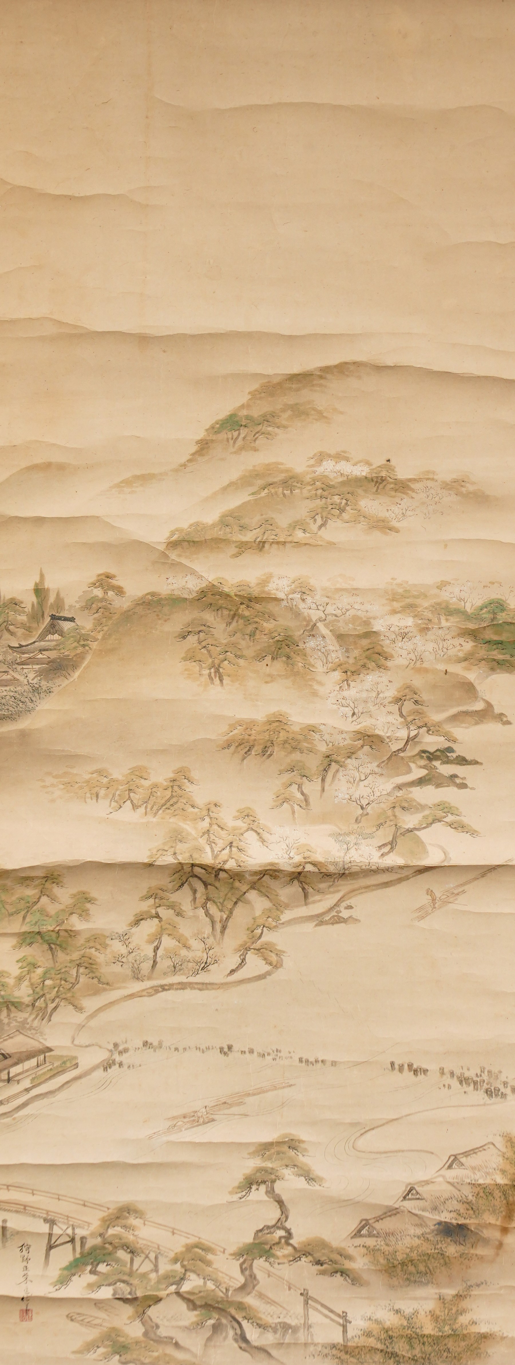 Manner of Kano Shoei Yoshinobu (Japanese 18th/19th Century): Landscape with Mountains, scroll watercolour with seal and inscription, image size 124cm x 48cm 