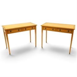 Pair of George III design inlaid satinwood console or side tables, rectangular top with ma...