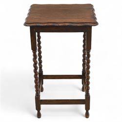 Early 20th century mahogany side table; with bedside cabinet, shaped rectangular top on barley twist supports united by stretchers (H 72cm, W 42cm, D 45cm), together with a Late Victorian tiger bamboo occasional table, rectangular two-tier form with woven cane surfaces, the upper tier with raised edge above splayed supports with naturalistic jointing (H 70cm, W 52cm, D 36cm)