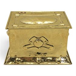 Art Nouveau brass coal box, the hinged rectangular cover embossed with a foliate design, h...