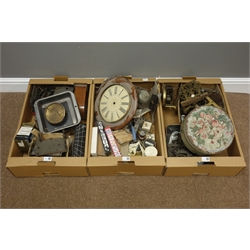  Collection of clock parts and movements including postman's alarm clock movement, various longcase clock movement parts, Vienna type movements etc... on three boxes  