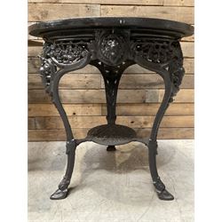 19th century cast iron Coalbrookdale design table with circular top (D66cm, H74cm) and a cast iron pedestal table with square top (W69cm, D70cm, H72cm)