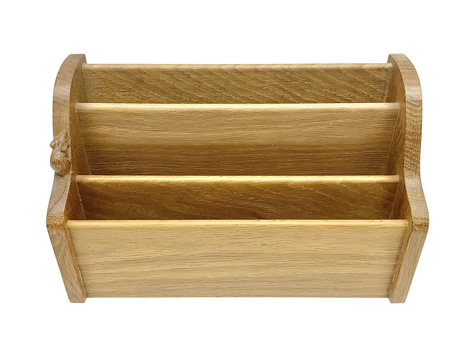 Mouseman - oak letter rack, shaped end supports enclosing three divisions, carved with mouse signature, by the workshop of Robert Thompson, Kilburn