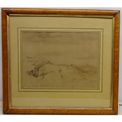  'Filey Bay Looking Towards Flamborough', pencil and monochrome wash signed by John Wilson Carmichael (British 1799-1868), titled and annotated, in original bird's eye maple frame  