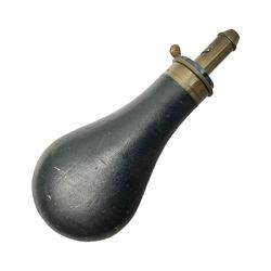 19th century James Dixon & Sons leather covered powder flask with patent action adjustable shot measure to dispense 2 1/4 - 3 drams; marked Parker Hale Ltd. Birmingham England L20cm