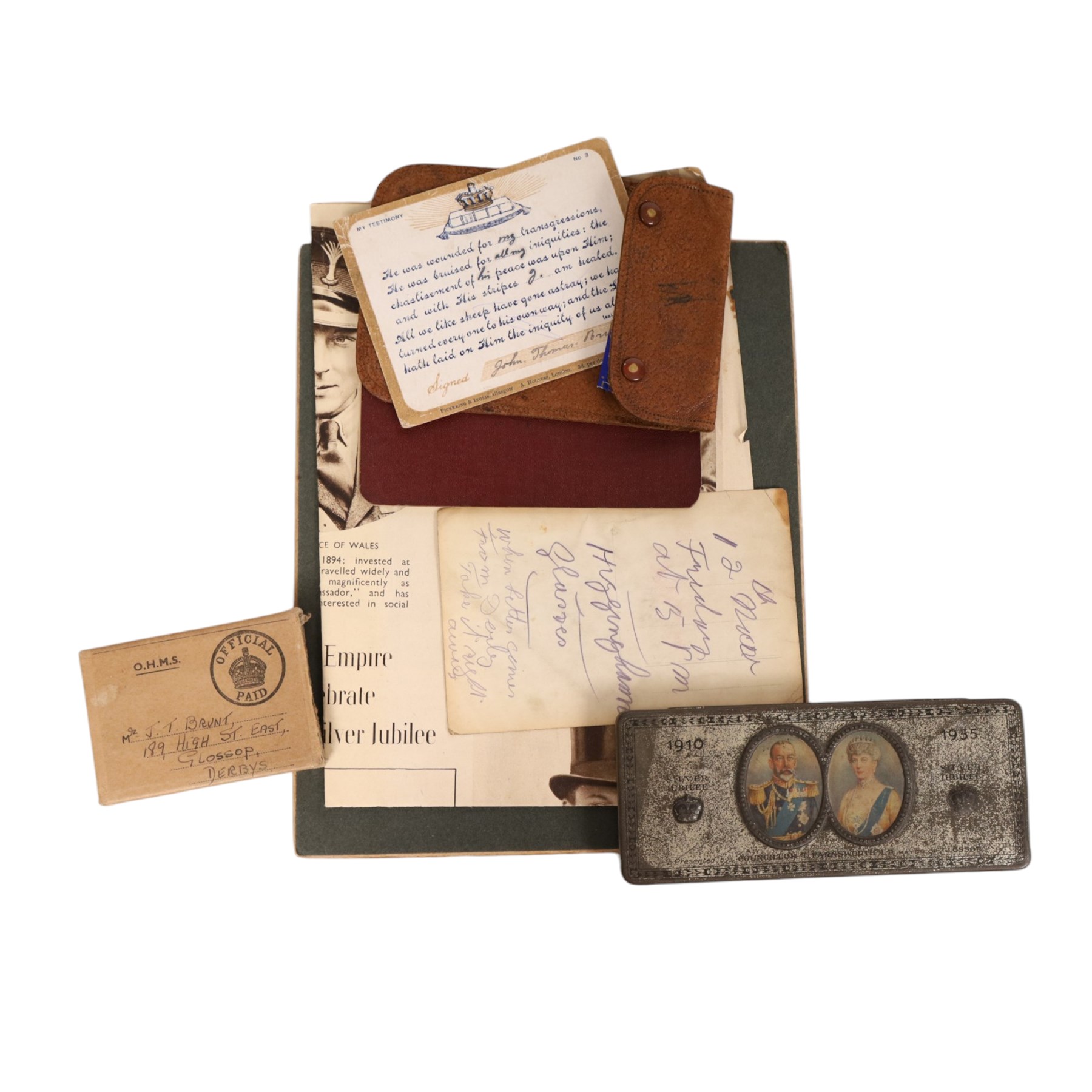 WWI British trio medal set, comprising 1945-15 Star, War medal and Victory medal, awarded to 14188 Pte J T Brunt Ches R, together with medal bar and ephemera relating to  Private John Thomas Brunt, including documentation for military service, gas injury at Ypres, postcards etc 