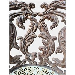 19th century Rococo Revival cast iron garden chair, pierced back comprised of scrolling acanthus leaves, over a pierced geometric white painted drop-in seat, raised on four acanthus and anthemion shaped cabriole supports united by X-frame stretcher