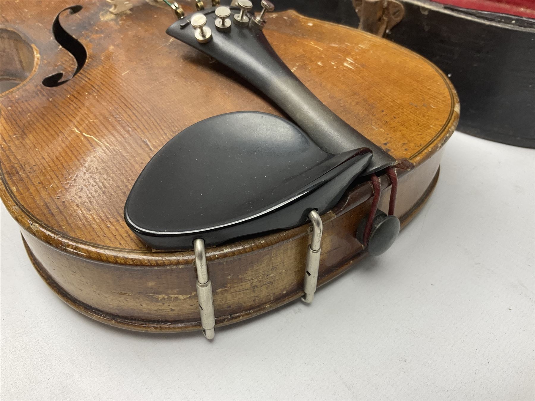 Late 19th century Saxony violin with 36cm one-piece maple back and ribs and spruce top; bears label 'Josef Klotz in Mittenwalde Anno 1795' L60cm overall; in ebonised wooden 'coffin' case