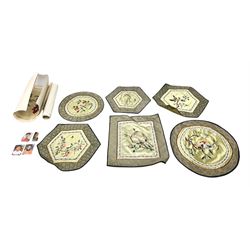 Six Chinese silks on fabric panels embroidered with birds on blossoming branches, along with three other Chinese painted silks 