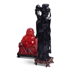 Pair of Chinese figures, modelled as Shou Xing and Quan Yin, togehter with a carved wooden box, resin horse and four other figures