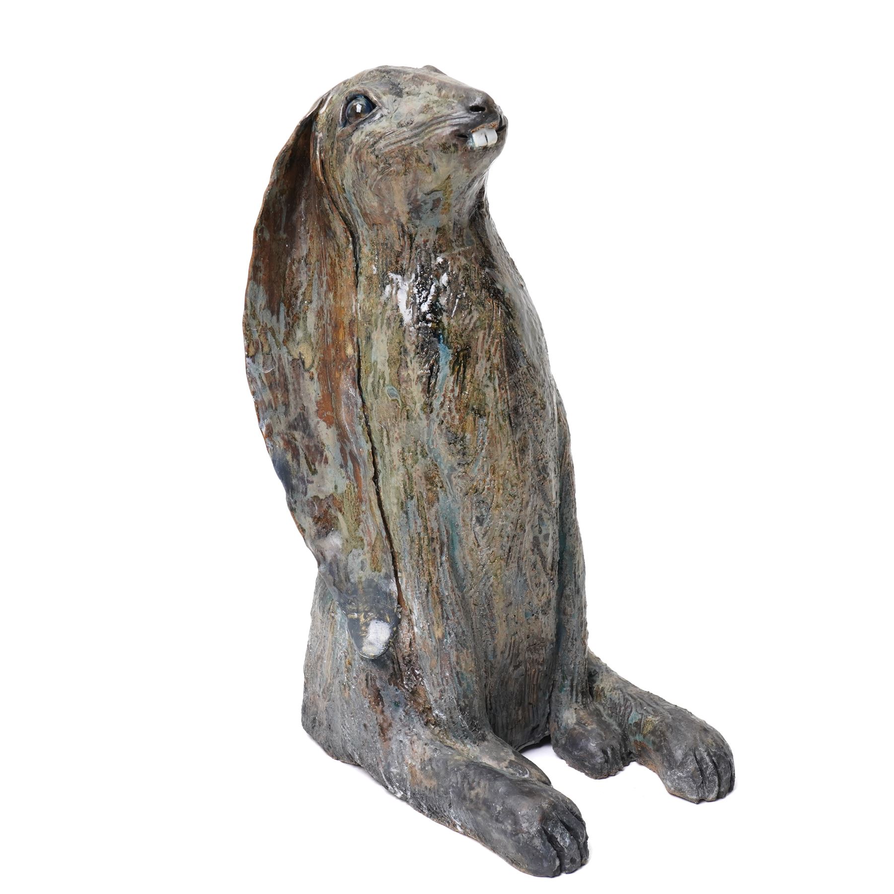Galea Belinscaia (Yorkshire Contemporary): Hare, glazed figurative sculpture, H42cm Notes: Awarded second prize in the 2019 Bradford Open exhibition and Art Competition judged by John Loker and Caroline Douglas. The sculpture was complimented for its tremendous presence, with the judges noting that Belinscaia's work is 'witty, inventive and wonderfully dynamic.'