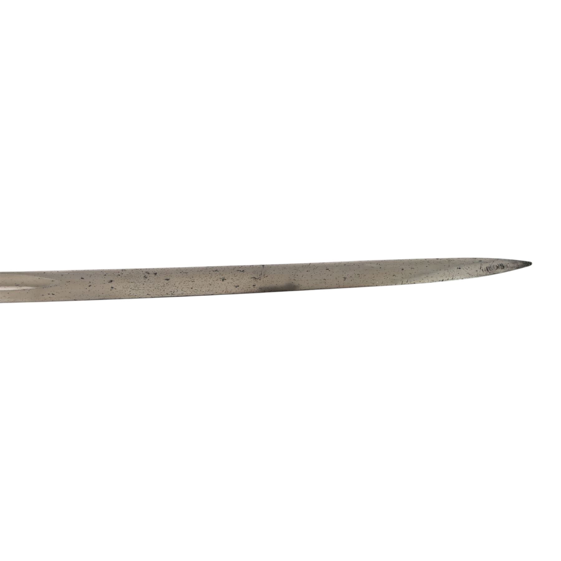 WWII German Army Prinz Eugen Pattern Officers Dress Sword by Carl Eickhorn, the 76cm slightly curving fullered blade with makers name to the ricasso, with gilt brass grip with eagle to the crossguard, guard with relief of oakleaves, Prinz Eugen style down winged eagle to the pommel of the backstrap, in original black painted scabbard with single hanging ring, overall L94cm