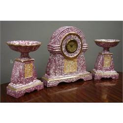  20th century French purple and gold marble effect clock garniture, circular Arabic dial, H39cm  