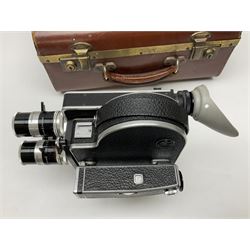 Paillard Bolex H8 RX4 cine camera body with turret for interchangeable lenses, serial no. 216071, with 'Macro Switar H8RX f1.4 36mm' lens, serial no.863406, 'Macro Switar H8RX f1.3 12.5mm' lens, serial no. 865770, 'Switar H8RX f1.6 5.5mm' lens, serial no. 937691 and RX fader, in fitted leather case
