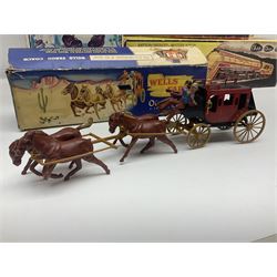 Mickey Mouse Trick Star battery operated drummer figure; Illco Mickey Mouse battery operated Fun Castle Roller Coaster; battery operated Western Express Locomotive; and JK Wells Fargo Overland Stage scale model; all boxed (4)