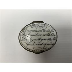 Late 18th century Staffordshire enamel patch box, of oval form with pink base, the hinged cover inscribed 'Have Communion with few, Be familiar with One, Deal justly with All, Speak evil of none' upon a white ground, opening to reveal mirror beneath, W4cm