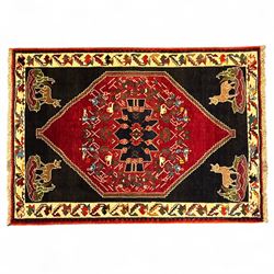 Southwestern Persian Qashqai pictorial rug, hand knotted large central medallion on crimso...