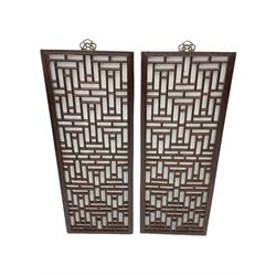 Pair 19th century Chinese lattice wall panels, in moulded frames with metal hangers