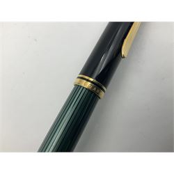 Pelikan M800 Souveran fountain pen, the green and black striped barrel with gilt beak shaped clip and double cap band with gold bi-colour nib stamped 18C-750, L13.5cm