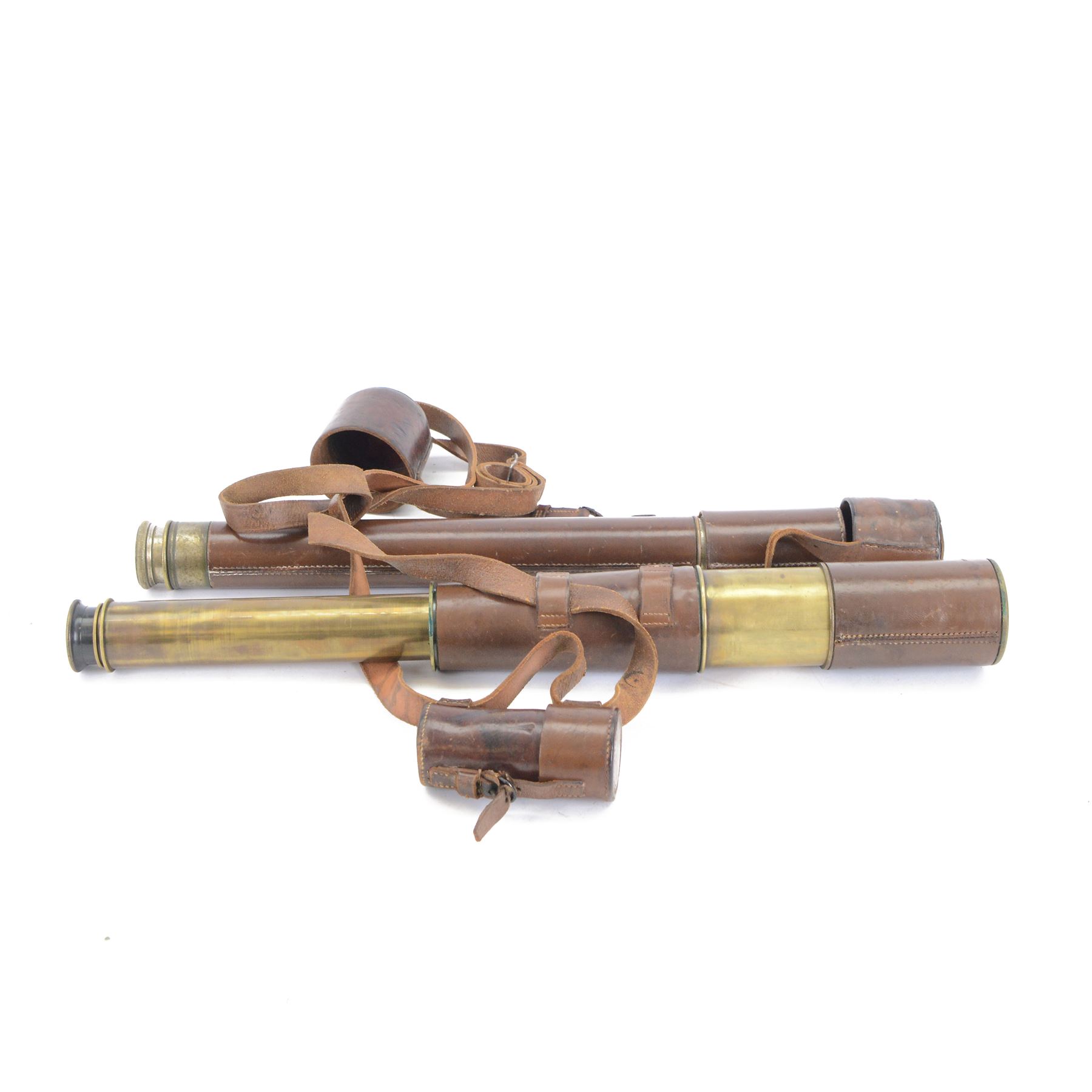 Military issue BC & Co Ltd three draw telescope, inscribed Tel Sig Mark VI 4706 O.S. 717 GA with broad arrow, together with a B. Cooke & Son Ltd Hull single draw telescope, inscribed R.C Young, both in leather cases 
