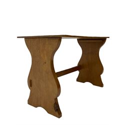 Gnomeman - adzed oak coffee table, on shaped end supports united by stretcher, carved with gnome signature, by Thomas Whittaker, Littlebeck, Whitby 