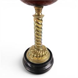 Victorian oil lamp, with etched shade with fluted rim, above a cranberry reservoir, on twisted brass pedestal and decorative base, together with cranberry glass jar, lamp H72cm 