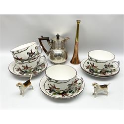 Assorted collectables, comprising four large Queensbury cups and saucers decorated in hunting design, two Beswick models of hounds, small copper and brass horn, and silver plated jug, in one box 