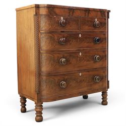 Victorian mahogany bow fronted chest, fitted with two short and three long drawers, flame ...