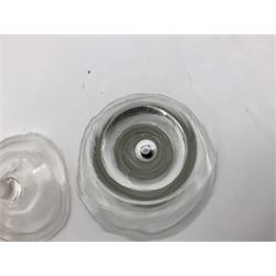 18th century wine glass, the trumpet shaped bowl upon tear drop stem and conical folded foot, H15.5cm, together with an 18th century cordial glass, the round funnel bowl on plain knopped stem and folded conical foot