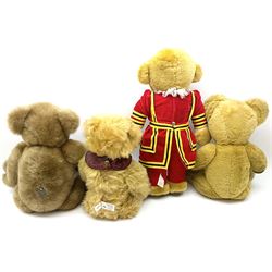 Four Merrythought teddy bears - International Collectors Club limited edition with growler mechanism No.71; plain brown with back-wind musical movement; golden brown dressed as a Beefeater; and earlier light golden coloured (4)