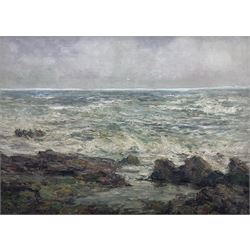 John Falconar Slater (British 1857-1937): Waves Breaking on a Rocky Shore, oil on panel signed 54cm x 74cm