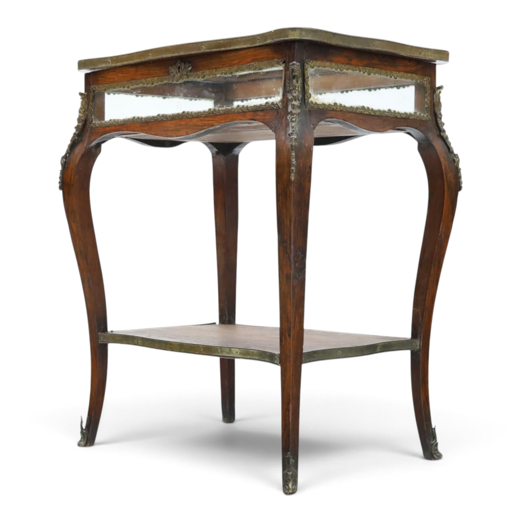 Louis XV style rosewood and marquetry bijouterie table,  glazed hinged top within a floral marquetry border and gilt metal moulded edge, above glazed sides and a baize lined interior, raised on cabriole legs with gilt metal mounts and sabots, united by an undertier