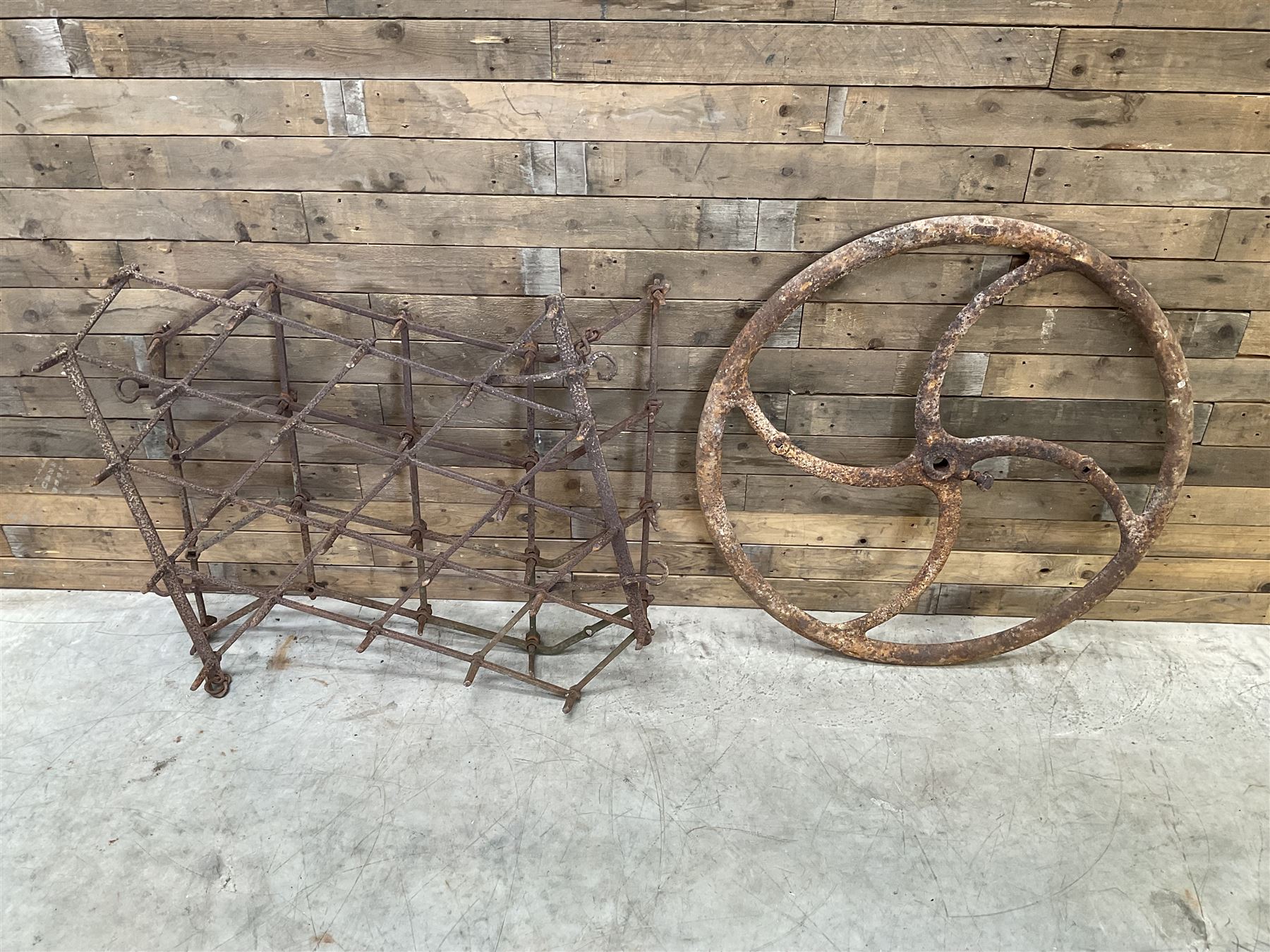 Two vintage agricultural harrows and cast iron machinery wheel/gear