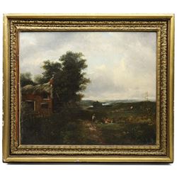 Norwich School (19th century): Flatland Landscape with Thatched Cottage, oil on canvas unsigned 62cm x 75cm 