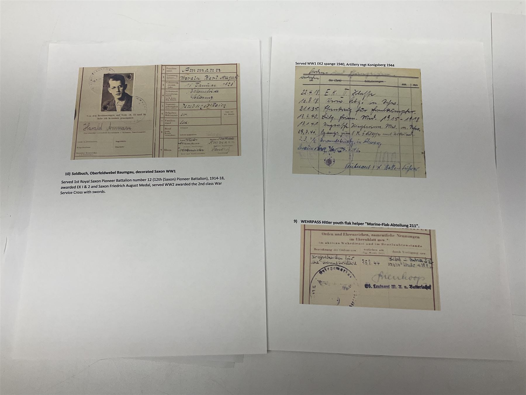 WW2 German Coastal Artillery Wehrpass for Marinehelfer Harald Ammann with small archive of modern research information.