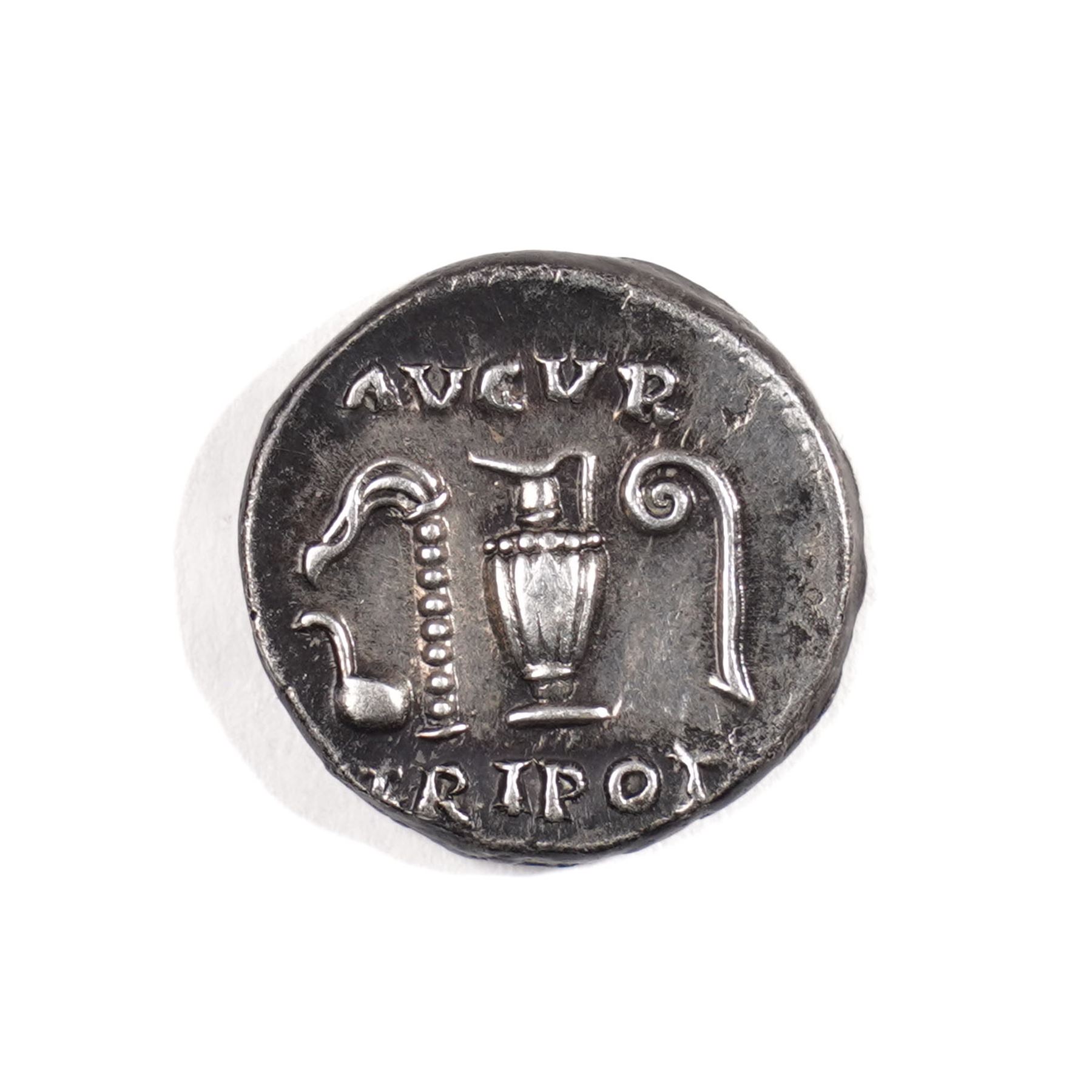 Roman Empire - Vespasian (AD 69-79): Silver Denarius coin, obverse laureate head of Vespasian right, reverse simpulum between lituus and aspergillum, AUGUR TR POT; AD 75-79, Rome mint