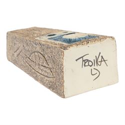 Louise Jinks for Troika Pottery, coffin vase with with incised geometric decoration, signed to base, H17cm 