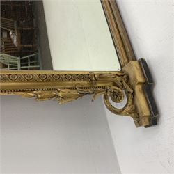 19th century gilt wood and gesso overmantel mirror, shell and laurel leaf cresting over foliate egg and dart surround and outer beading, acanthus scroll and laurel leaf corner bracket
