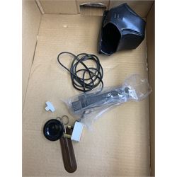 Vintage cameras lenses and accessories including Olympus 'OM10' camera body, Olympus 'OM4' camera, 'Olympus OM-System Zuiko auto-zoom 35-70mm 1:4' lens, various other lenses, tasco binoculars etc, in one box