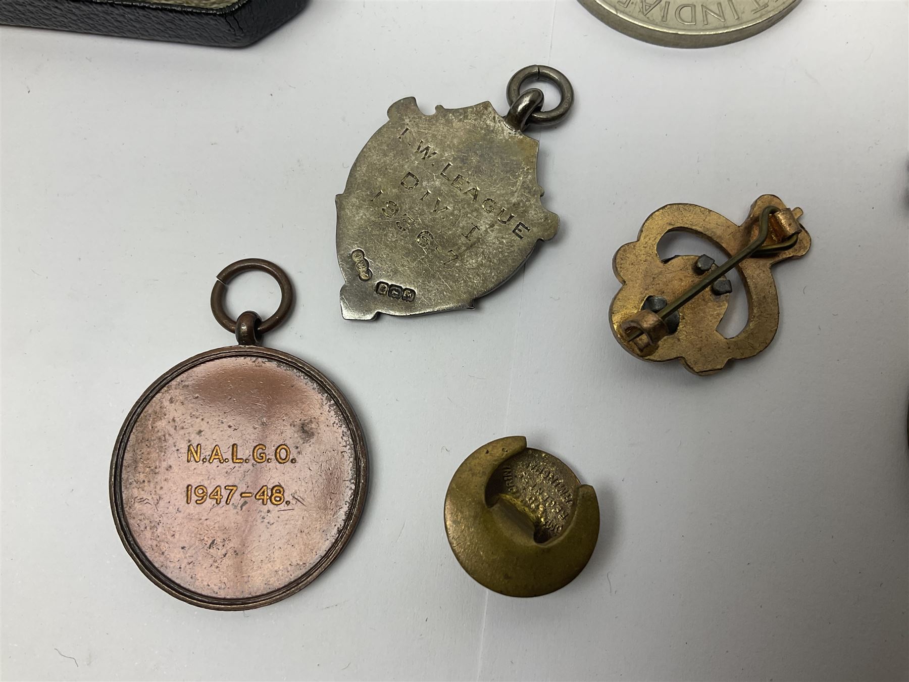 WWI pair of medals comprising British War Medal and Victory Medal awarded to 380807 Pte. W. Hayles Hamps. R.; Imperial Service Medal awarded to William Hayles; cased and boxed; WWII 1939-1945 War Medal and Defence Medal in issue box with slip; 1930s hallmarked silver football presentation fob etc