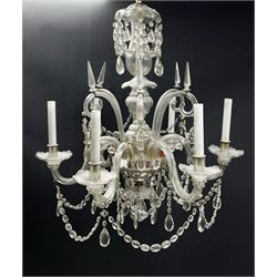 Late 20th century glass chandelier, with six curved branches supporting glass drops and swags, H87cm W78cm 
