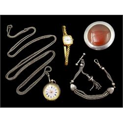 Early 20th century key wound silver ladies cylinder fob watch, on white metal chain, Victorian silver Albertina chain and a 9ct gold ladies manual wind wristwatch, hallmarked