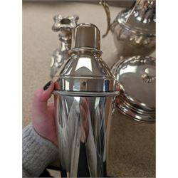 Silver plated items, including cocktail shaker, candelabra, pair of candlesticks, coffee pot and serving dish