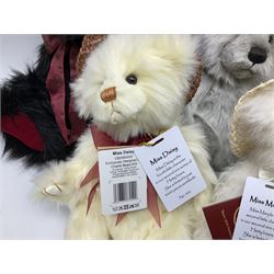 Six Charlie Bears, comprising three limited edition examples from the Hatty bears series,  Miss Daisy CB206000O, 382/3000, Miss Marble CB205242O, 385/3000, and TC CB185165, 22/3000, plus Red Liquorice CB150011O, designed by Heather Lyell, and Leonie CB124915, and Kiki CB124961, both designed by Isabelle Lee, all with tags 