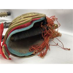 Reproduction Scottish officers basket hilt broad sword, the brass basket pierced with heart-shaped motifs lined with red lining, together with a reproduction Japanese Katana sword, longest L110cm