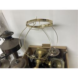Two metal oil lamps, together with brass candlesticks, silver plate and other metalware etc