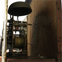 William Vise of Wisbech (Cambridgeshire)-8-day mahogany Longcase clock c1750, with a swan neck pediment and inlaid parterre, break arch hood door beneath flanked by detached reeded pilasters with brass capitals, trunk with conforming pilasters to the corners and an inlaid door with banding to the edge and oval satinwood inlay and matching conche inlay to the centre, conforming pediment with matching circular inlay and raised on bracket feet, brass break arch dial with interesting scroll and floral spandrels to the arch and four season spandrels to the corners, fully engraved dial centre with steel hands, engraved seconds dial and square date aperture, silvered boss to the arch with makers name and conforming chapter with Roman numerals, five minute Arabic's and minute track, dial pinned directly to a two train weight driven rack striking movement, sounding the hours on a bell. With weights and pendulum. 
Both a William and John Vise are recorded as working in Wisbech between 1740 and1758.