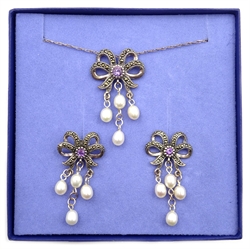  Silver marcasite, amethyst and pearl necklace and matching ear-rings, stamped 925  